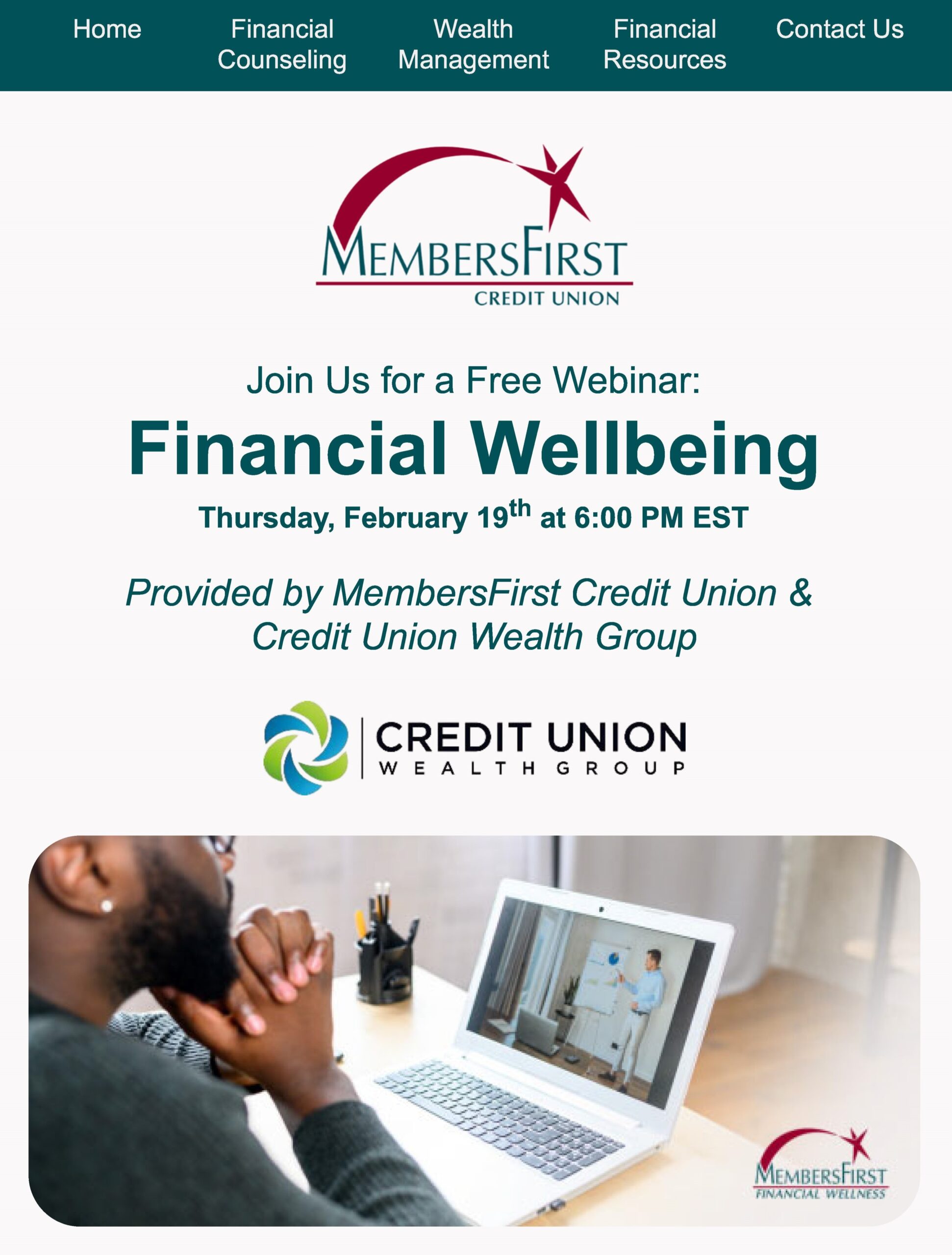 Financial Wellbeing Webinar Email v2 man seated in front of laptop at a desk with a pen cup on the left corner showing a person providing information during a webinar