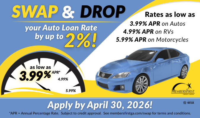 yellow blue and white abstract background with medium blue sedan off to right side. a black and gold tachometer shows 3.99 4.99 and 5.99 instead of miles per hour indicating moving the needle on lowering your auto loan rate